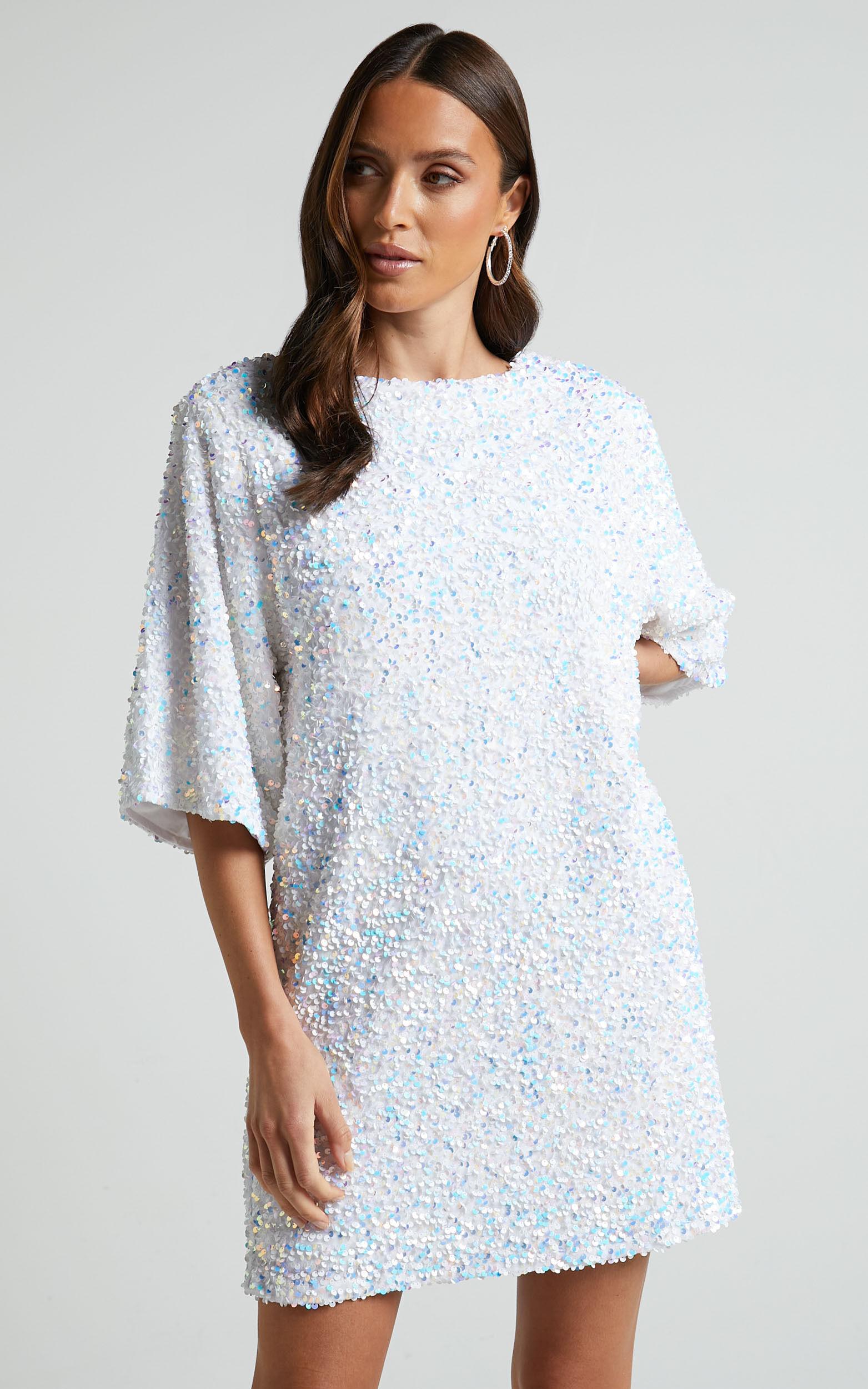 Valetta Mini Dress - Sequin low back shift dress in White Product Image