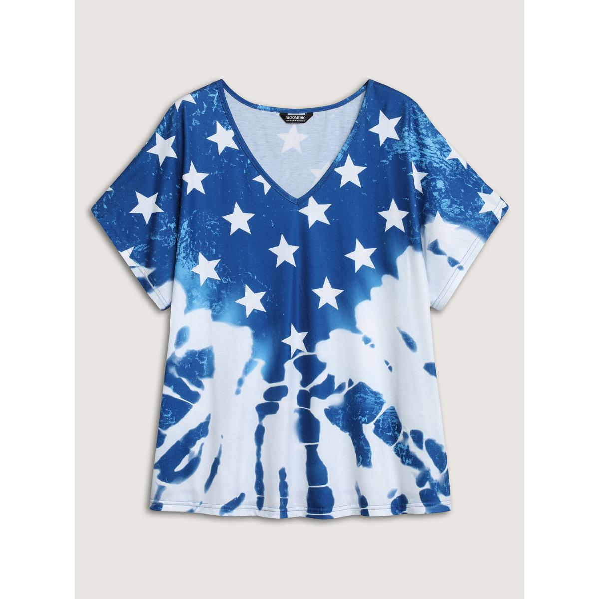 Plus Size Tie-Dye Star Print T-Shirt Mediumblue Women Contrast Country V-neck Everyday-Casual T-shirts BloomChic 10/M Product Image