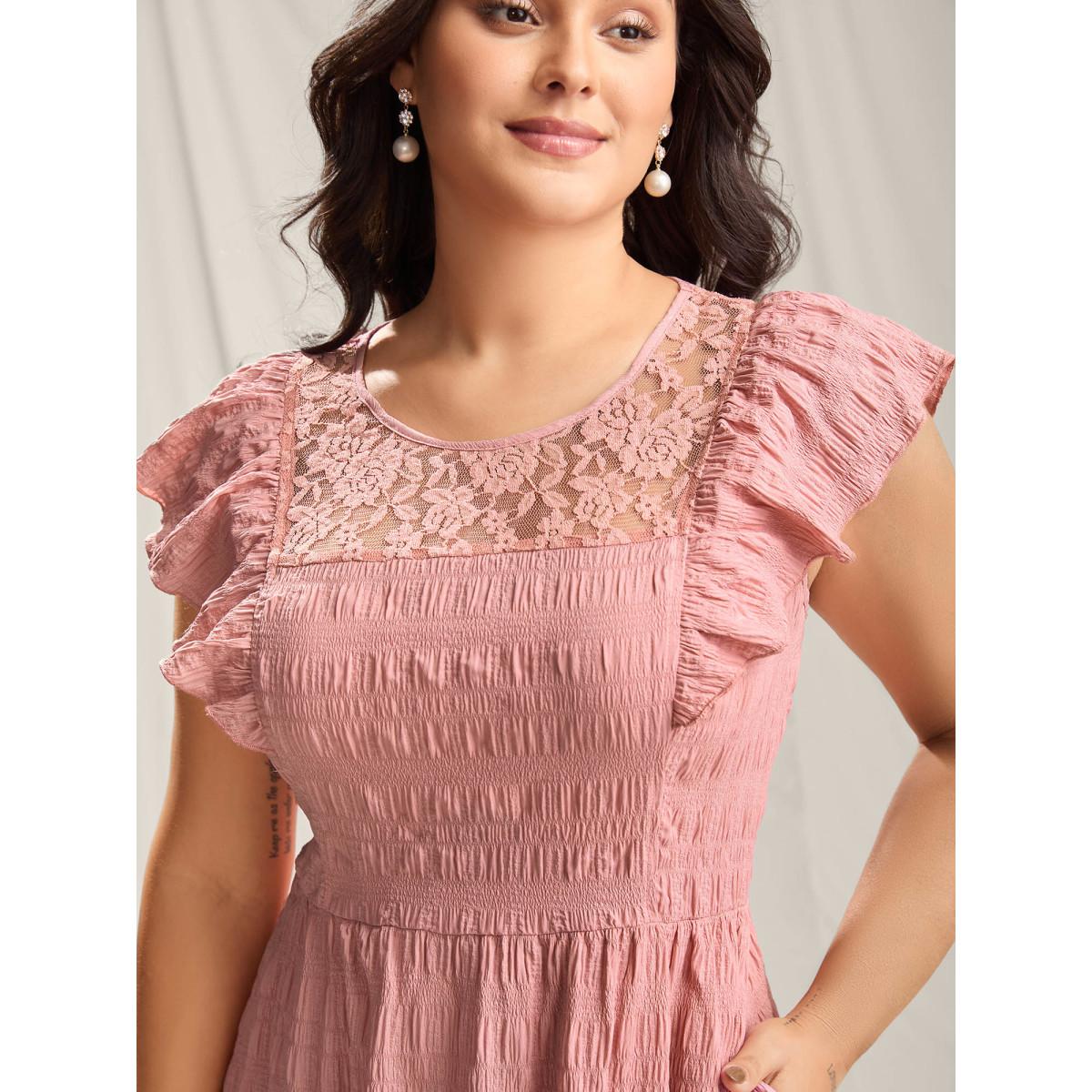 Plus Size Mesh Lace Neck Tiered Maxi Dress Salmon Women Round Neck Sleeveless Curvy BloomChic 26/4X Product Image