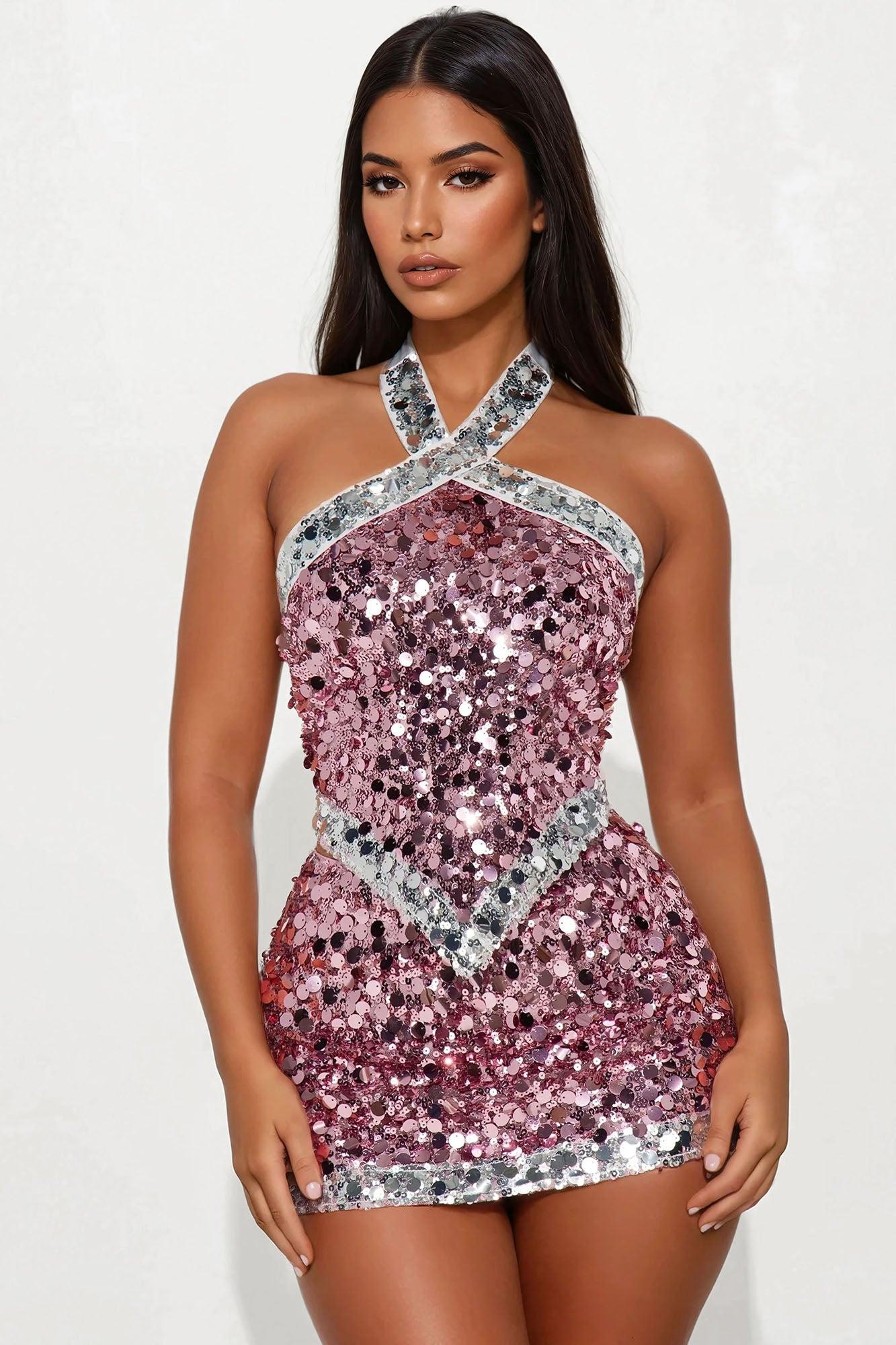 Pretty Please Sequin Halter Skirt Set - Pink Product Image