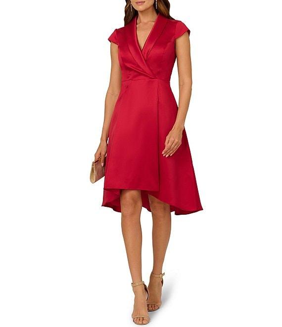 Adrianna Papell Tuxedo Collar V Neckline Cap Sleeve Hi Lo Fit and Flare Dress Product Image