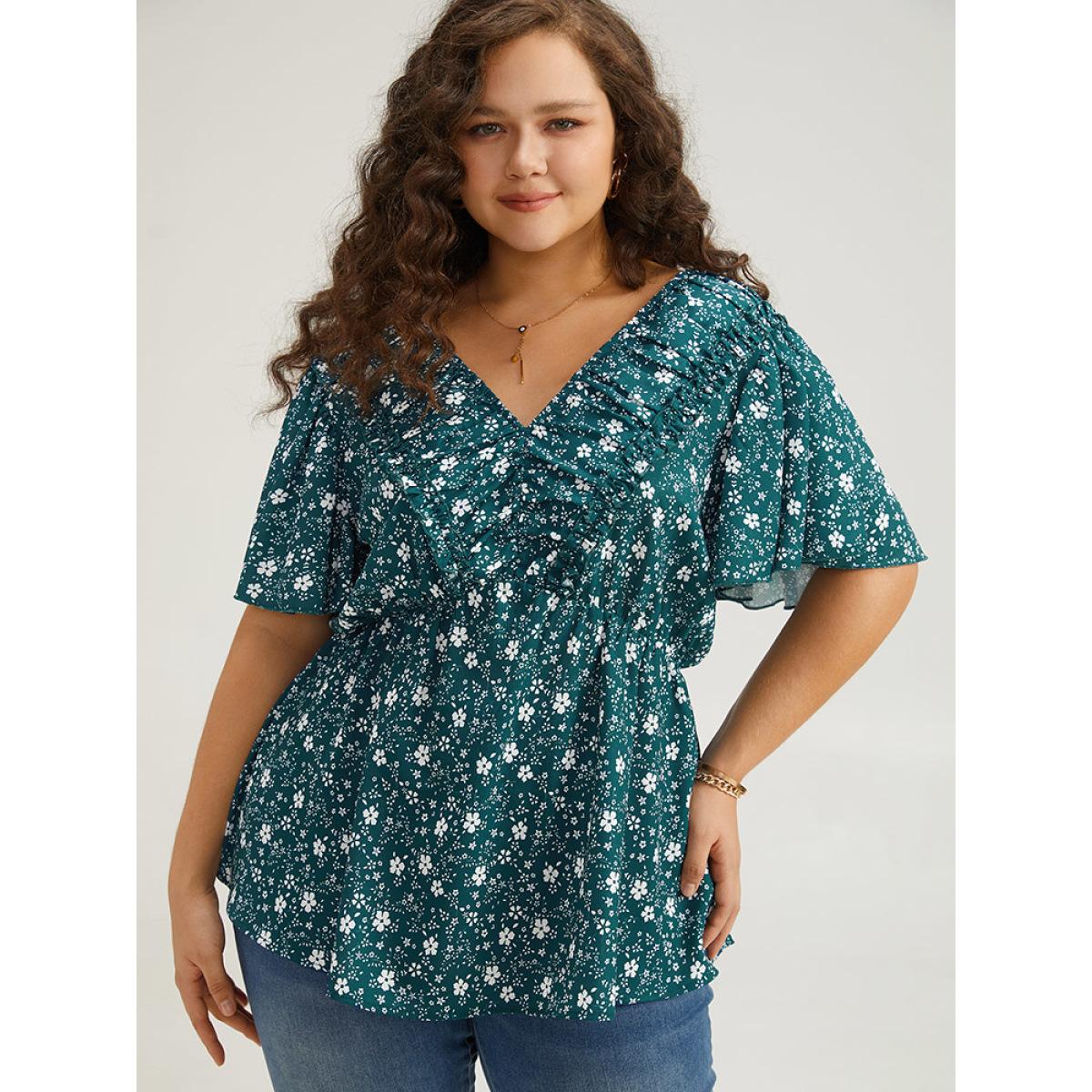 Plus Size Cyan Ditsy Floral Flutter Sleeve Ruched Blouse Women Elegant Short sleeve V-neck Dailywear Blouses BloomChic 26/4X Product Image