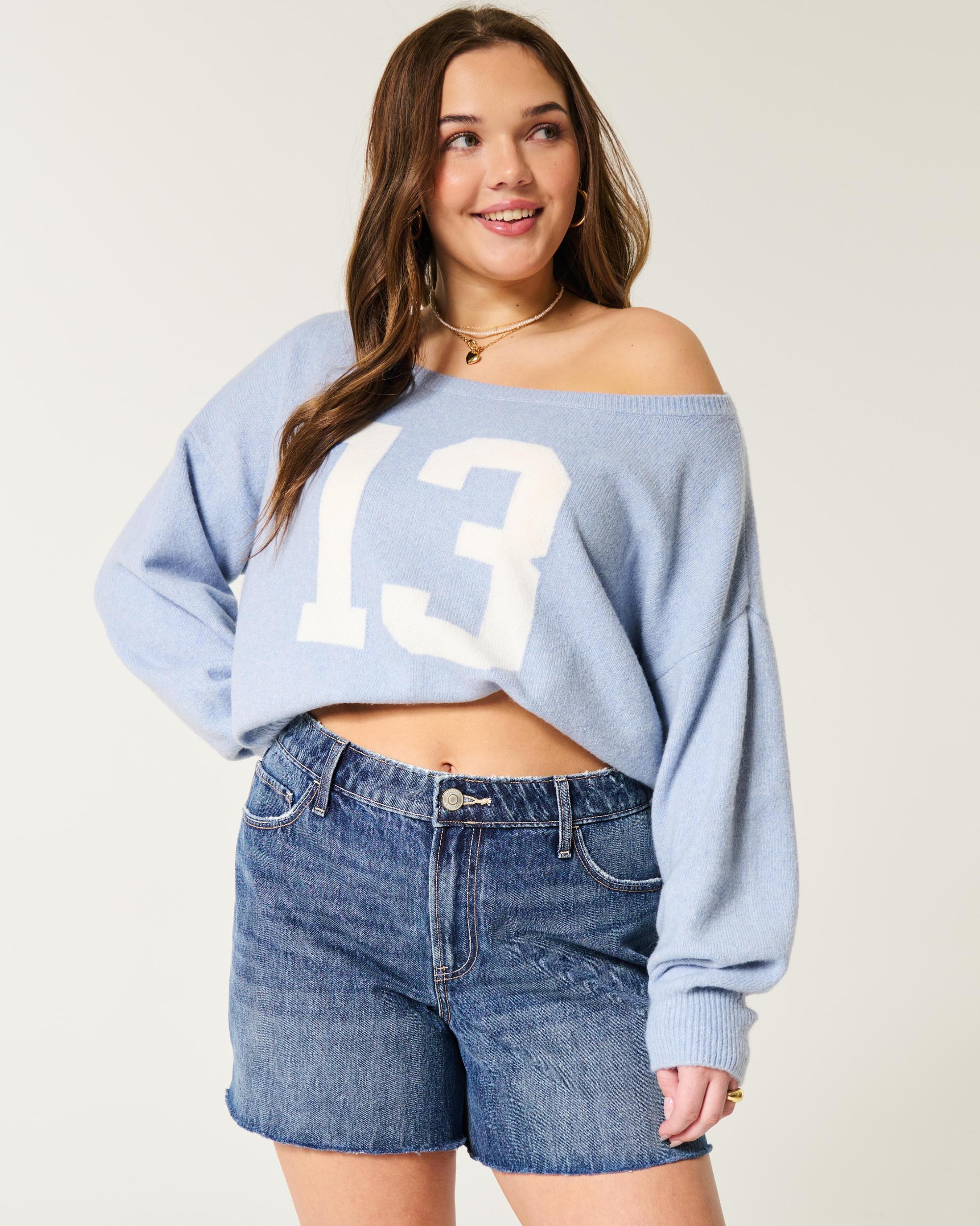 High-Rise Ripped Medium Wash Relaxed Denim Shorts 5" Product Image