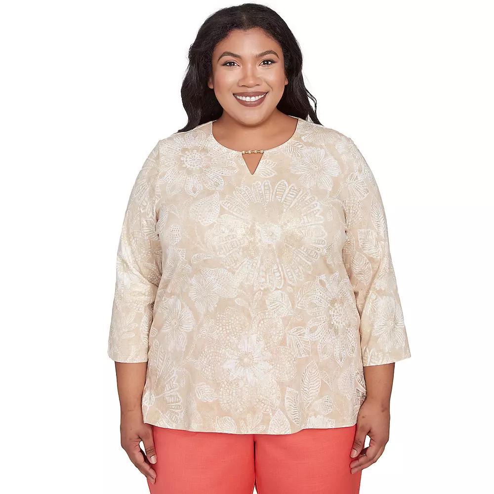 Plus Size Alfred Dunner Textured Floral Foil Accent Top, Women's, Size: 2XL, Linen Product Image
