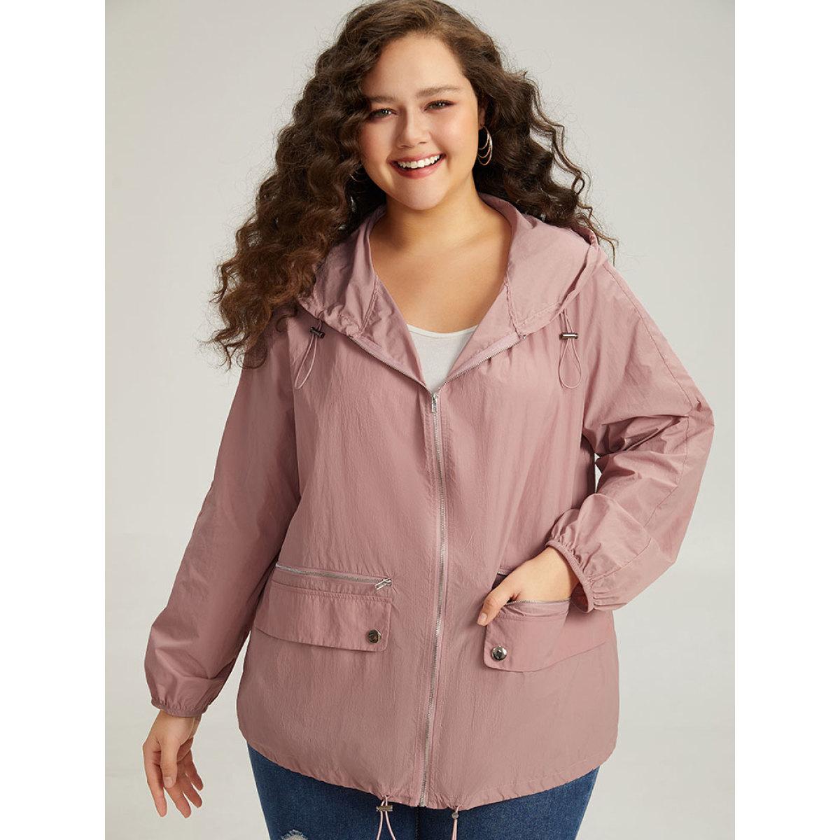Plus Size Plain Hooded Pocket Zipper Fly Drawstring Jacket Women Rouge Plain Pocket Dailywear Jackets BloomChic 14-16/1X Product Image