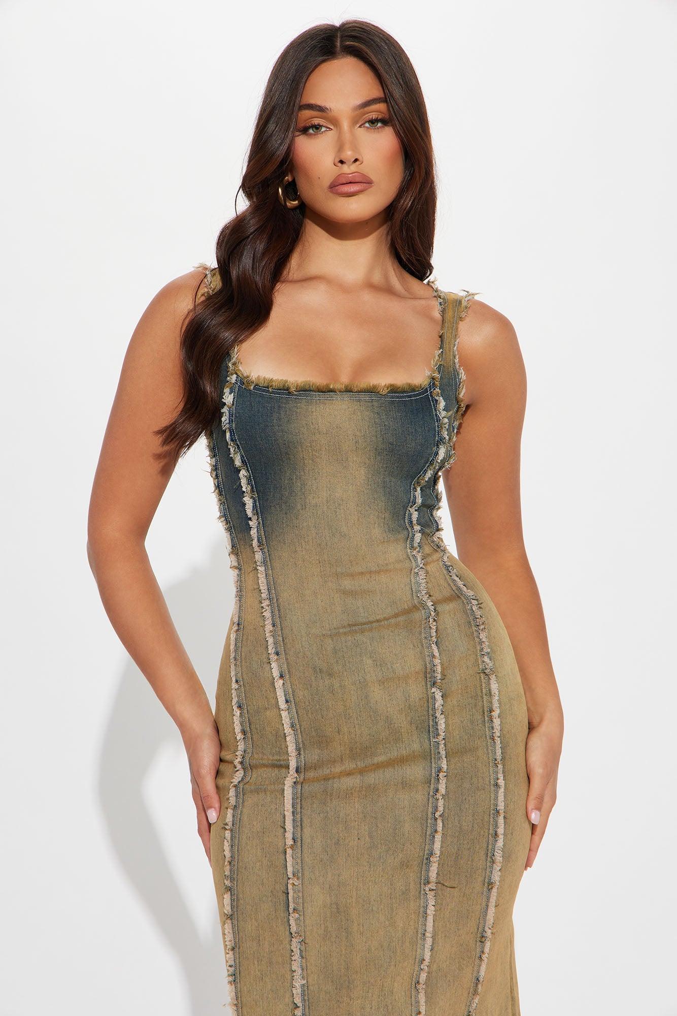 Denise Washed Denim Maxi Dress - Tan Product Image