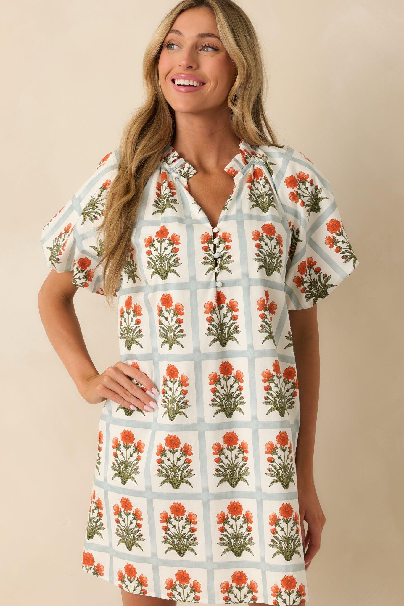 Staying Hopeful Orange Geometric Floral Print Cotton Mini Dress Product Image