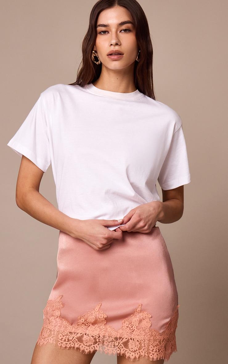 Peach Satin Lace Trim Mini Skirt Product Image