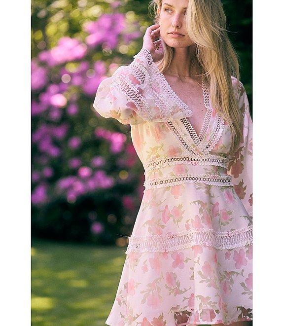 Layered With Love Blair Floral Burnout Jacquard V Neck Long Sleeve A-Line Mini Dress Product Image
