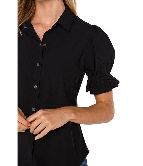 Liverpool Los Angeles Tech Knit Spread Collar Elbow-Length Puff Sleeve Button-Front Shirt Product Image