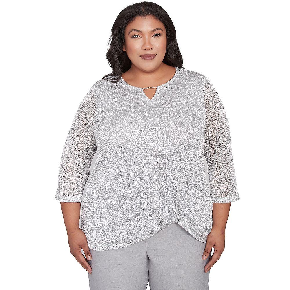 Plus Size Alfred Dunner Sequin Beaded Split Neck Top, Women's, Size: 1XL, Dove Gray Product Image