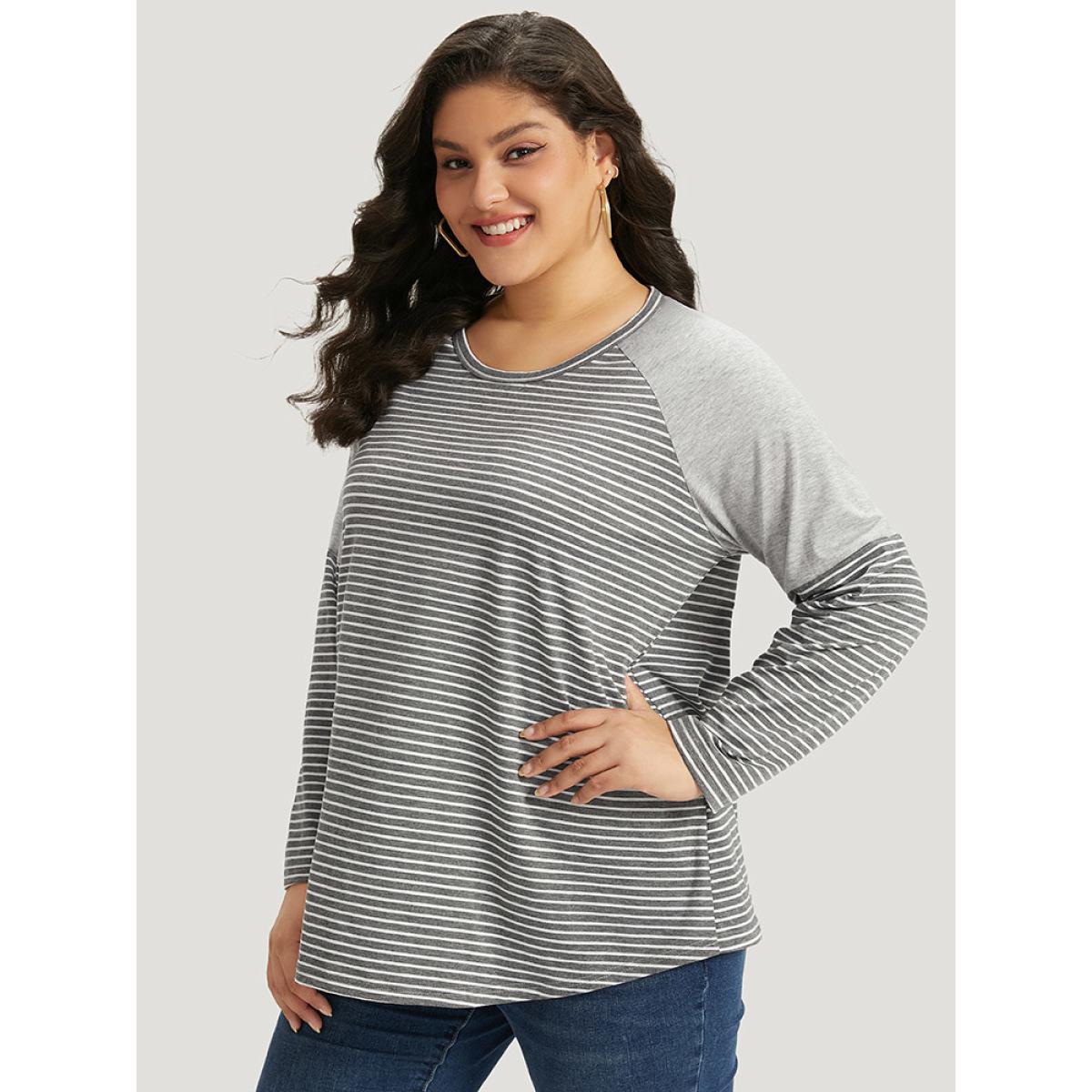 Plus Size Striped Patchwork Crew Neck Raglan Sleeve T-shirt Gray Women Casual Patchwork Striped Round Neck Dailywear T-shirts BloomChic 22-24/3X Product Image