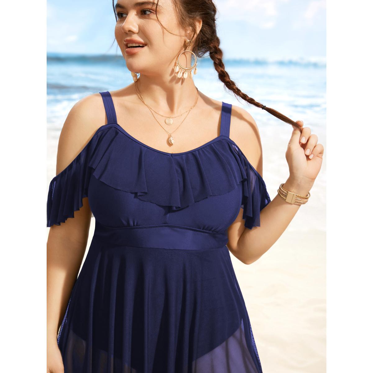 Plus Size Solid Ruffle Trim Patchwork Mesh Swim Dress Women's Swimwear Indigo Beach Bodycon Heart neckline High stretch Curve Swim Dresses BloomChic 22-24/3X Product Image
