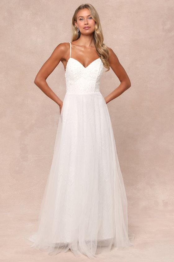 Love Perfection White Lace Tulle Pearl Beaded Maxi Dress Product Image