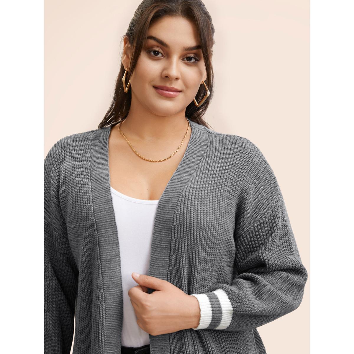 Plus Size Texture Striped Patchwork Patched Pocket Cardigan DarkGray Women Casual Loose Long Sleeve Everyday Cardigans BloomChic 30/6X Product Image