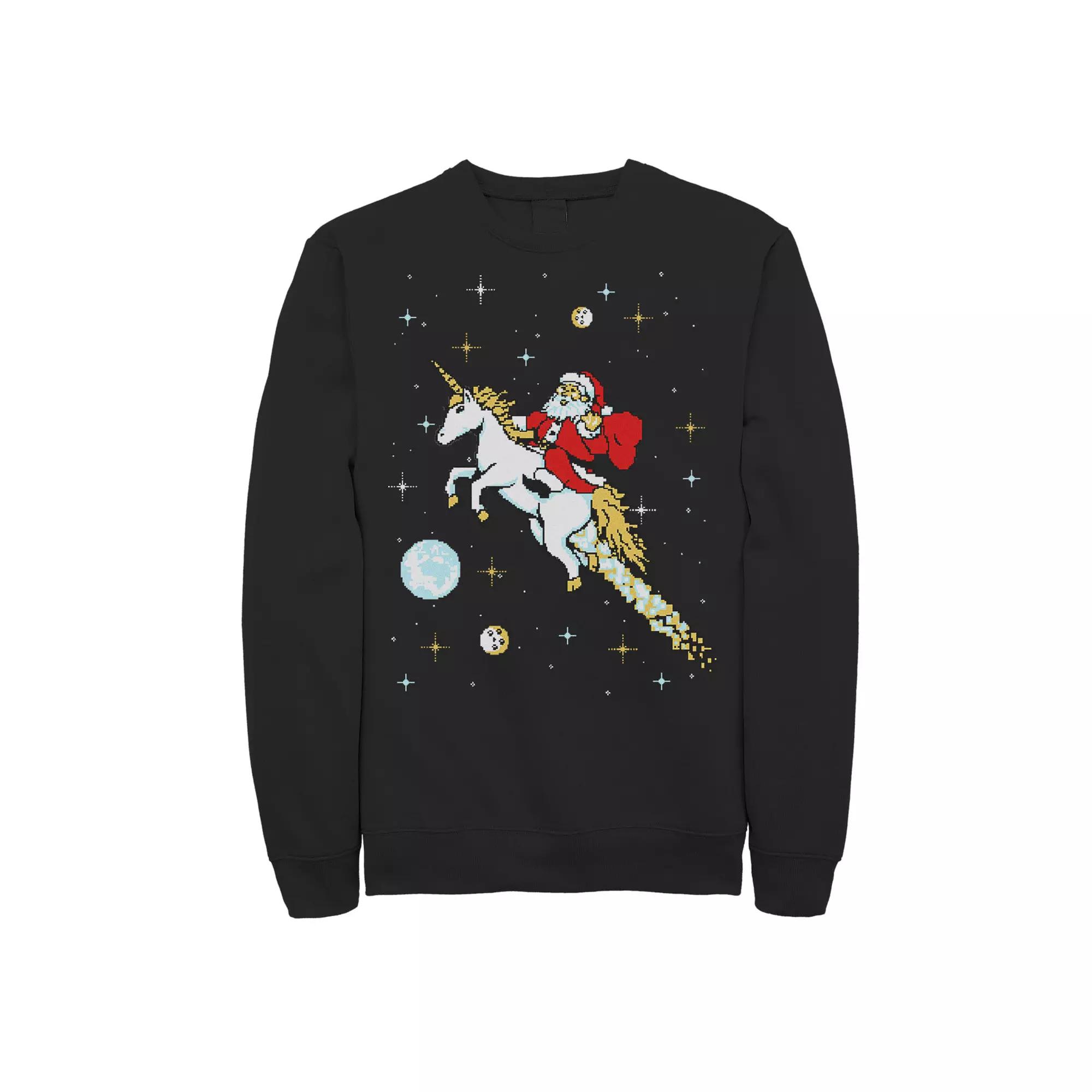 Men's Unicorn Riding Space Pixel Santa Christmas Graphic Graphic Fleece Pullover Pullover, Size: 3XL, Black Product Image