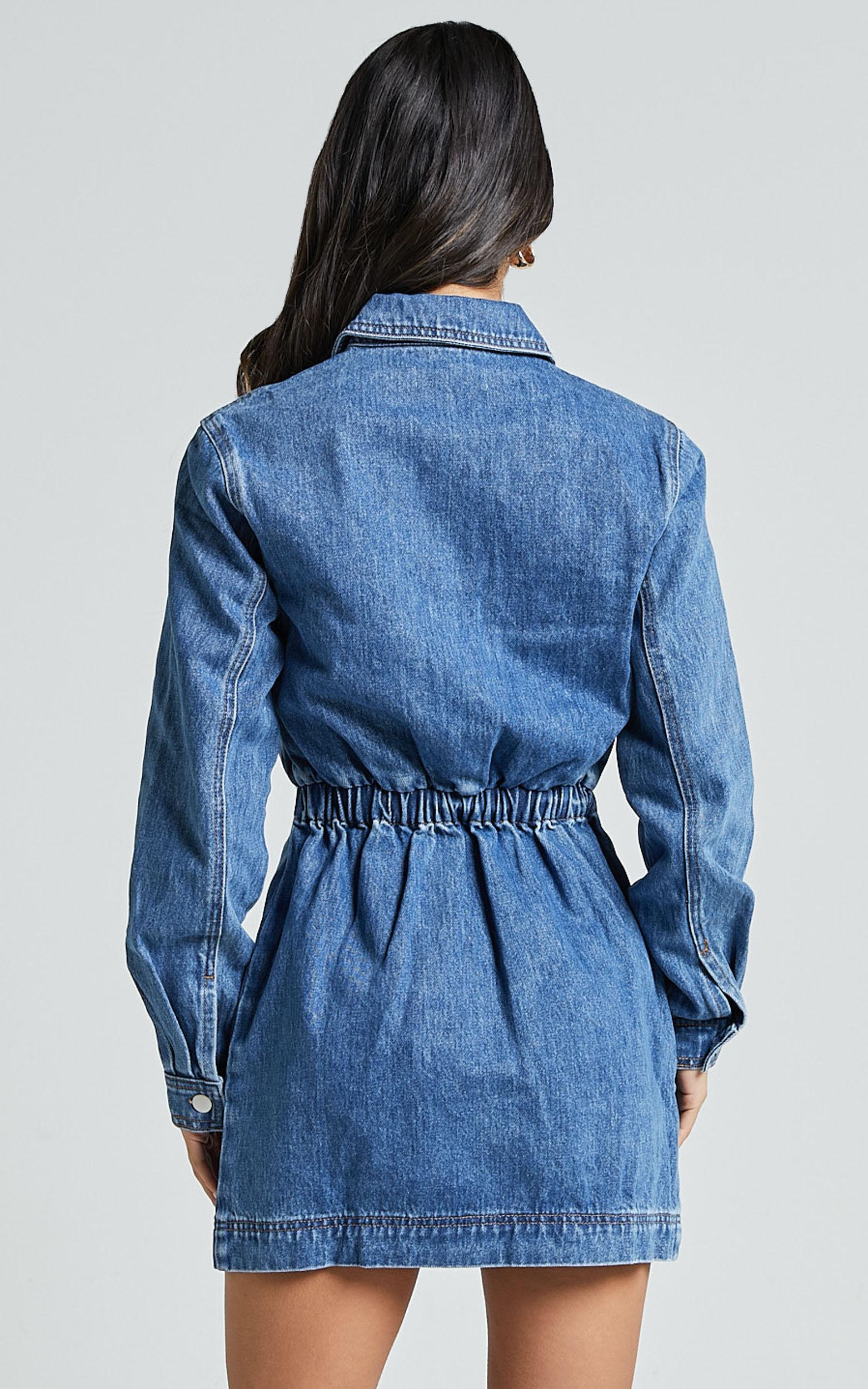Ainsley Mini Dress - Button Through Long Sleeve Denim Dress in Mid Blue Wash Product Image