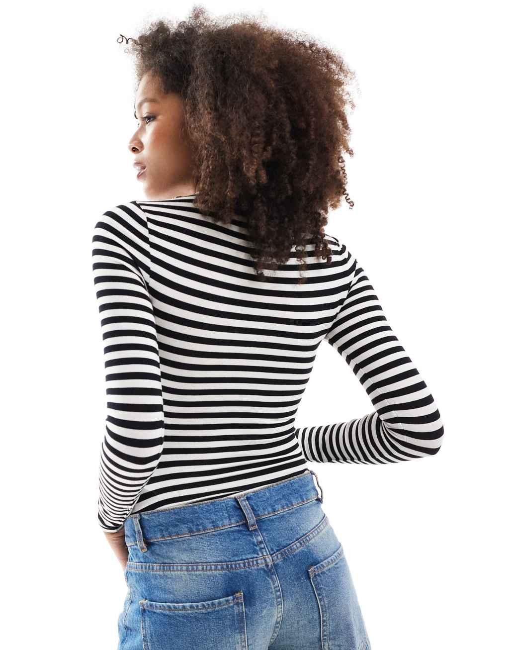 Miss Selfridge long sleeve crew neck bodysuit in mono stripe Product Image