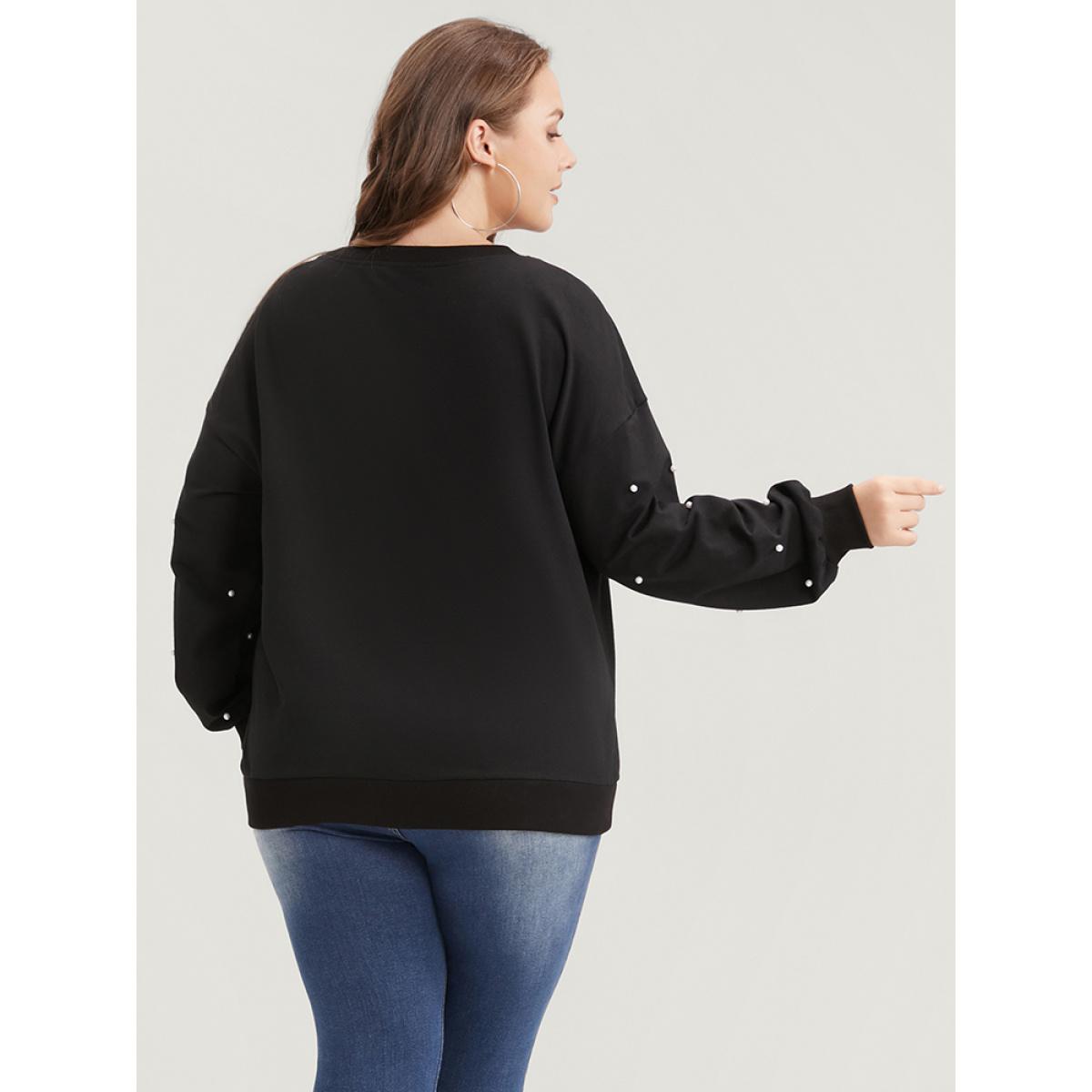 Plus Size Solid Pearl Beaded Drop Shoulder Sweatshirt Women Black Party Beaded Round Neck Going out Sweatshirts BloomChic 10/M Product Image