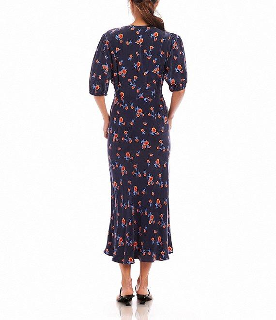 Karen Kane Carnation Print V-Neck Short Puff Sleeve A-Line Midi Dress Product Image