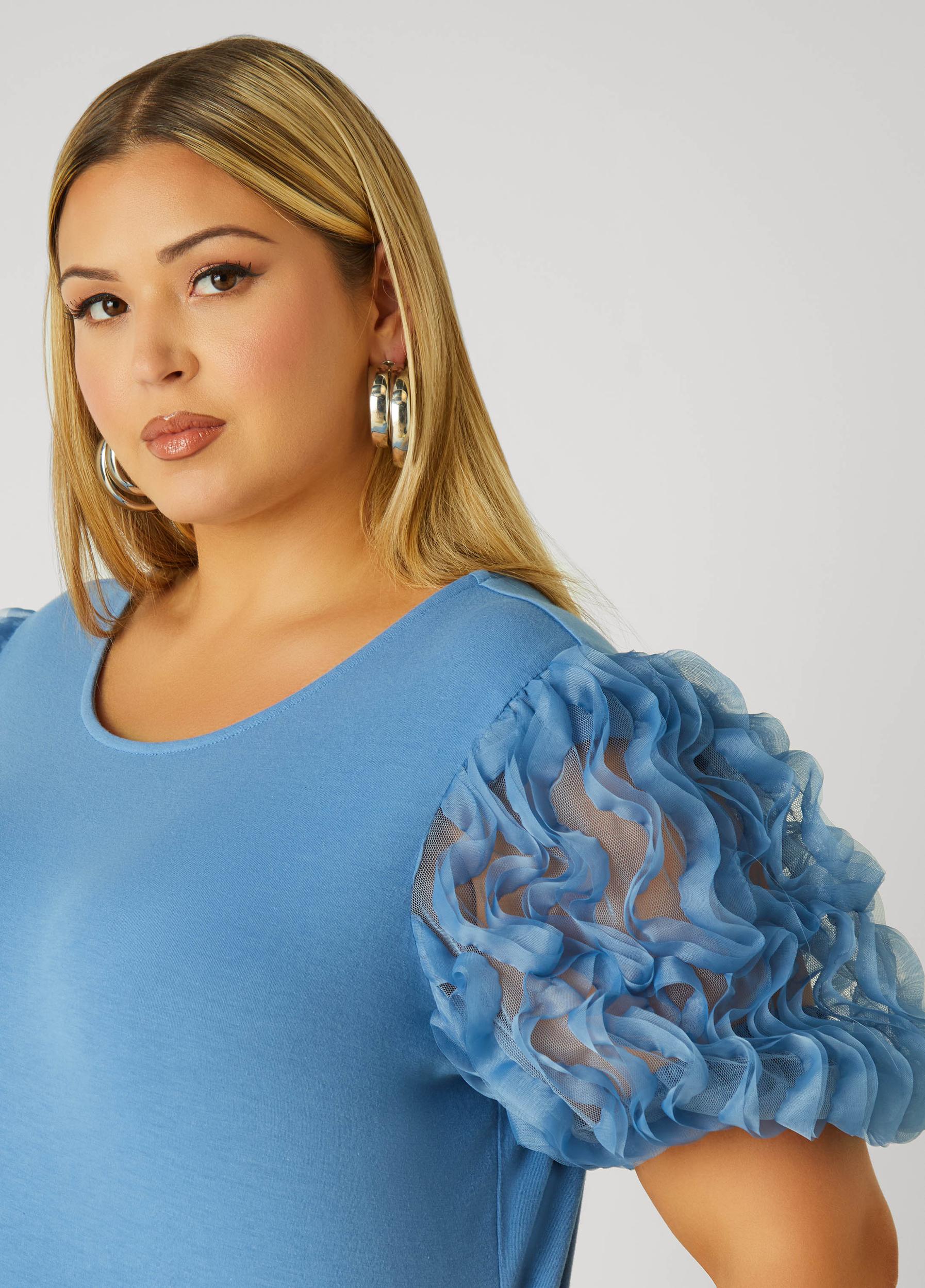 Plus Size Ruffled Mesh Paneled Top Ashley Stewart Product Image