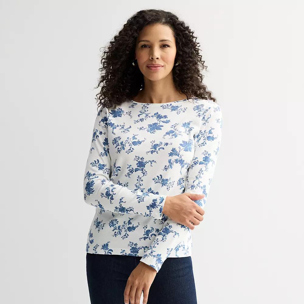 Women's Croft & Barrow® Essential Long-Sleeve Crewneck Tee, Size: Large, Blue White Floral Product Image
