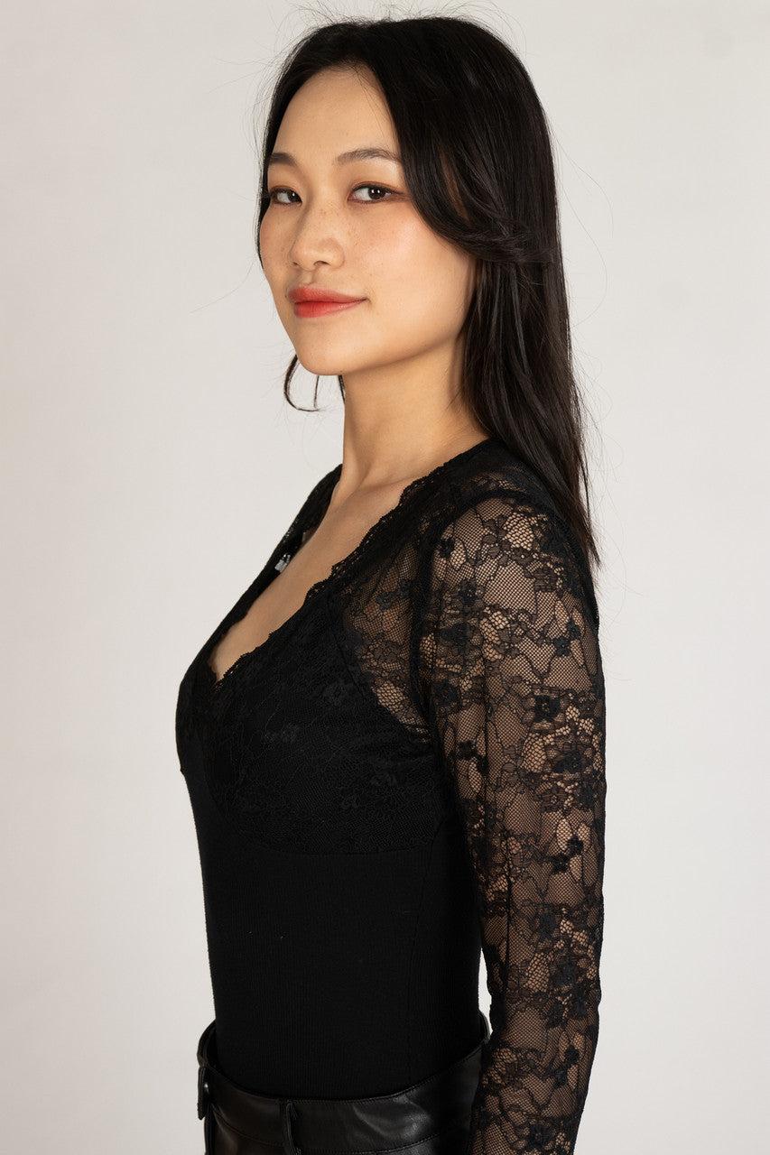 Lace Top V Neck Long Sleeve Bodysuit Product Image