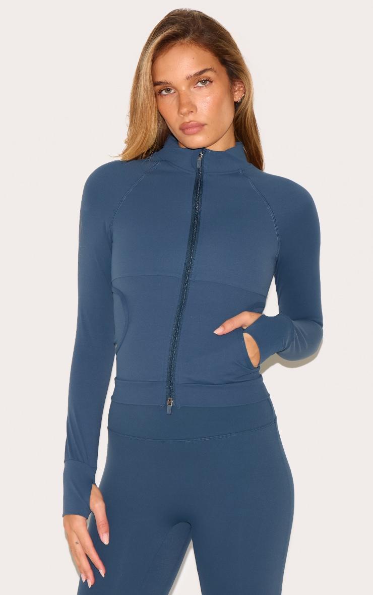 Midnight Blue Sculpt Pocket Front Double Zip Up Jacket Product Image