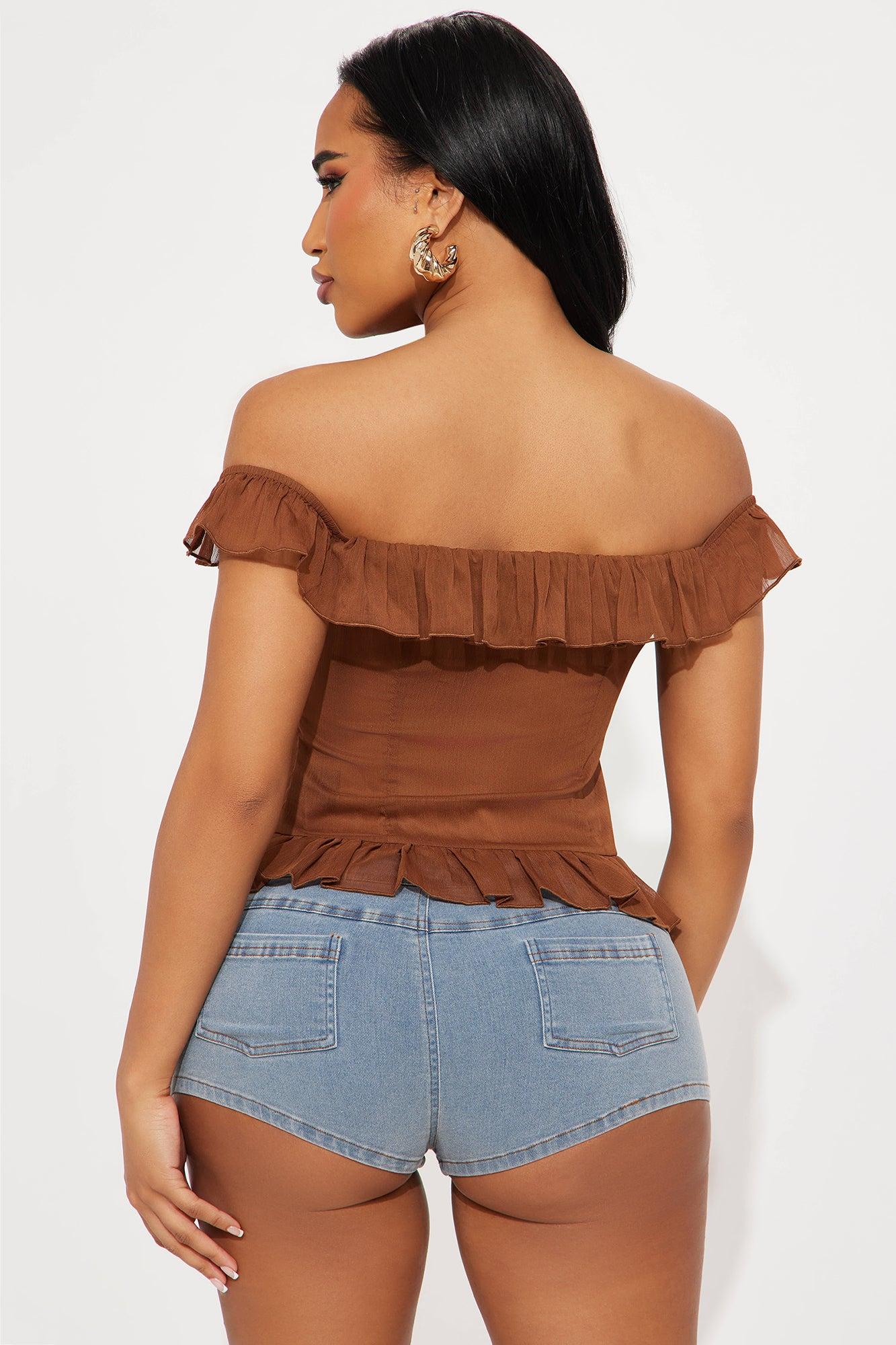 Stephany Off Shoulder Ruffle Top - Chocolate Product Image