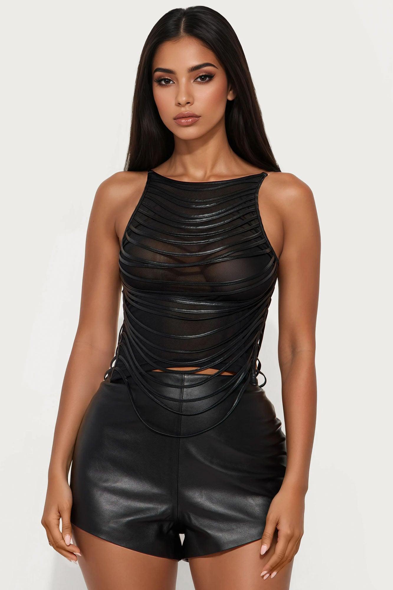 No Promises Faux Leather Detail Mesh Top - Black Female Product Image