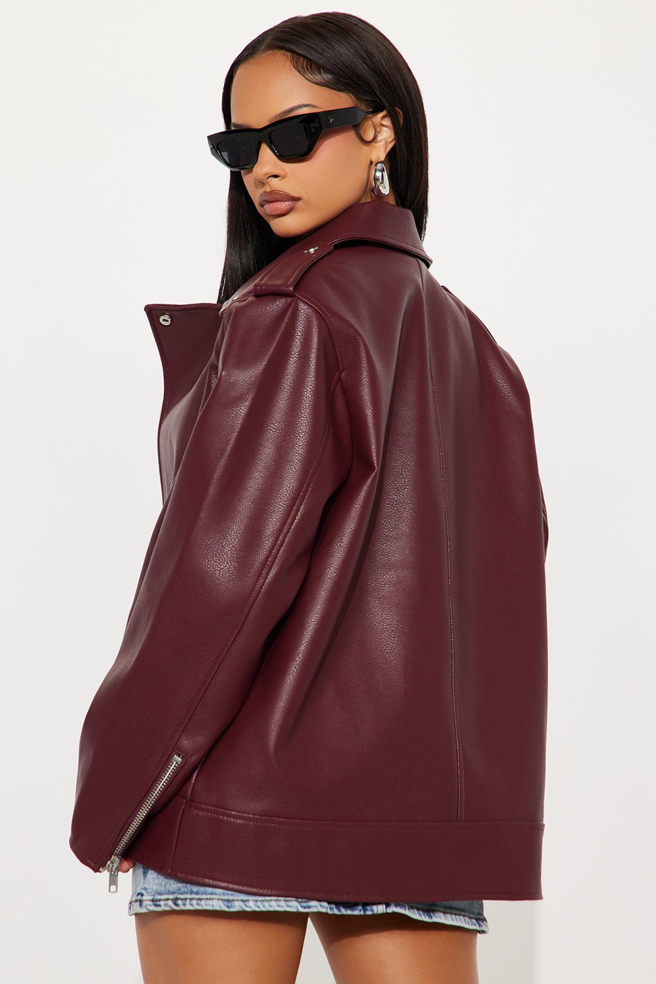 Phoebe Oversized Faux Leather Moto Jacket - Burgundy Female Product Image