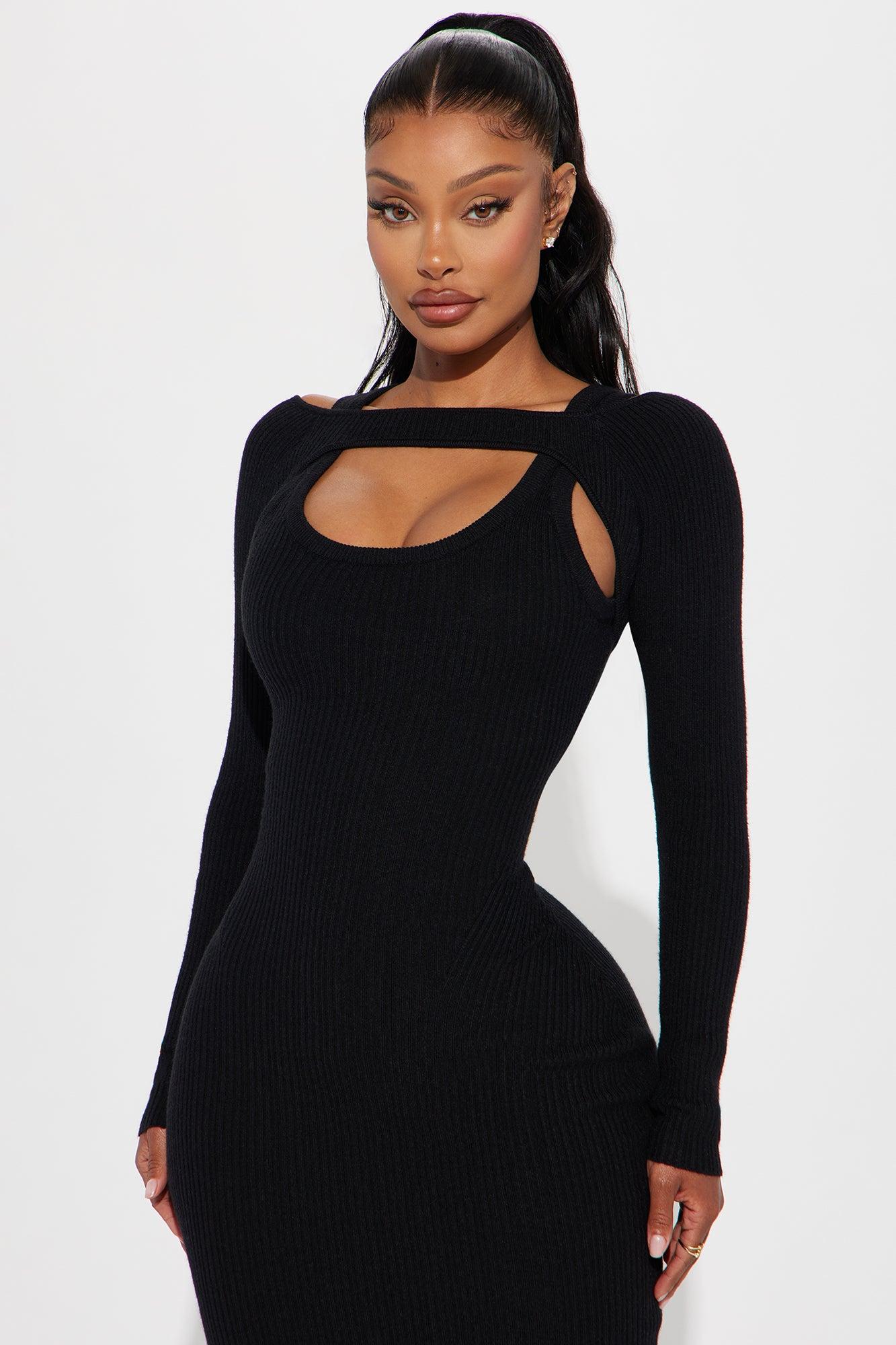 Cold Shoulder Sweater Midi Dress - Black Female Product Image