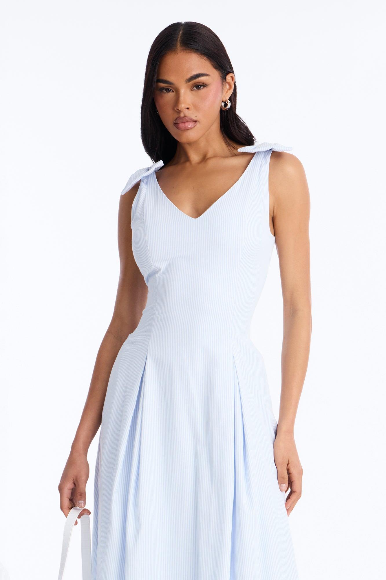 Adele Bow Pinstripe Midi Dress - Blue/combo Female Product Image