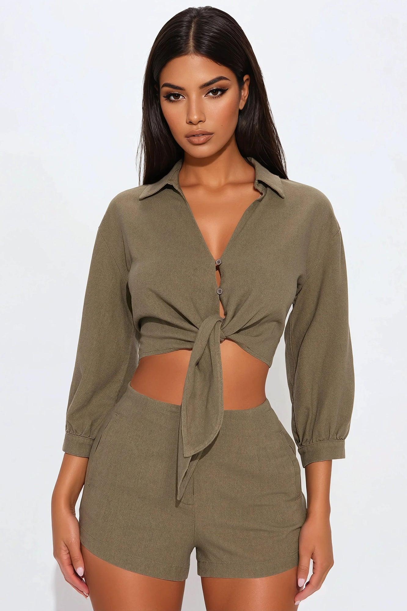 Catching Waves Linen Short Set - Olive Product Image