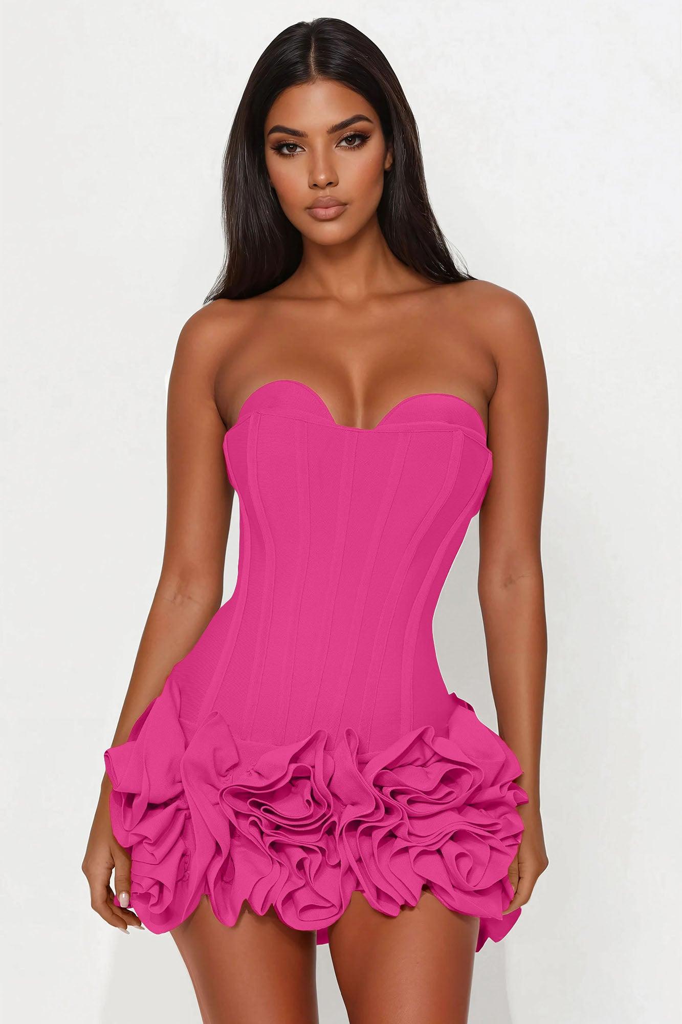 Blessed Beauty Ruffle Rosette Bandage Mini Dress - Hot Pink Female Product Image