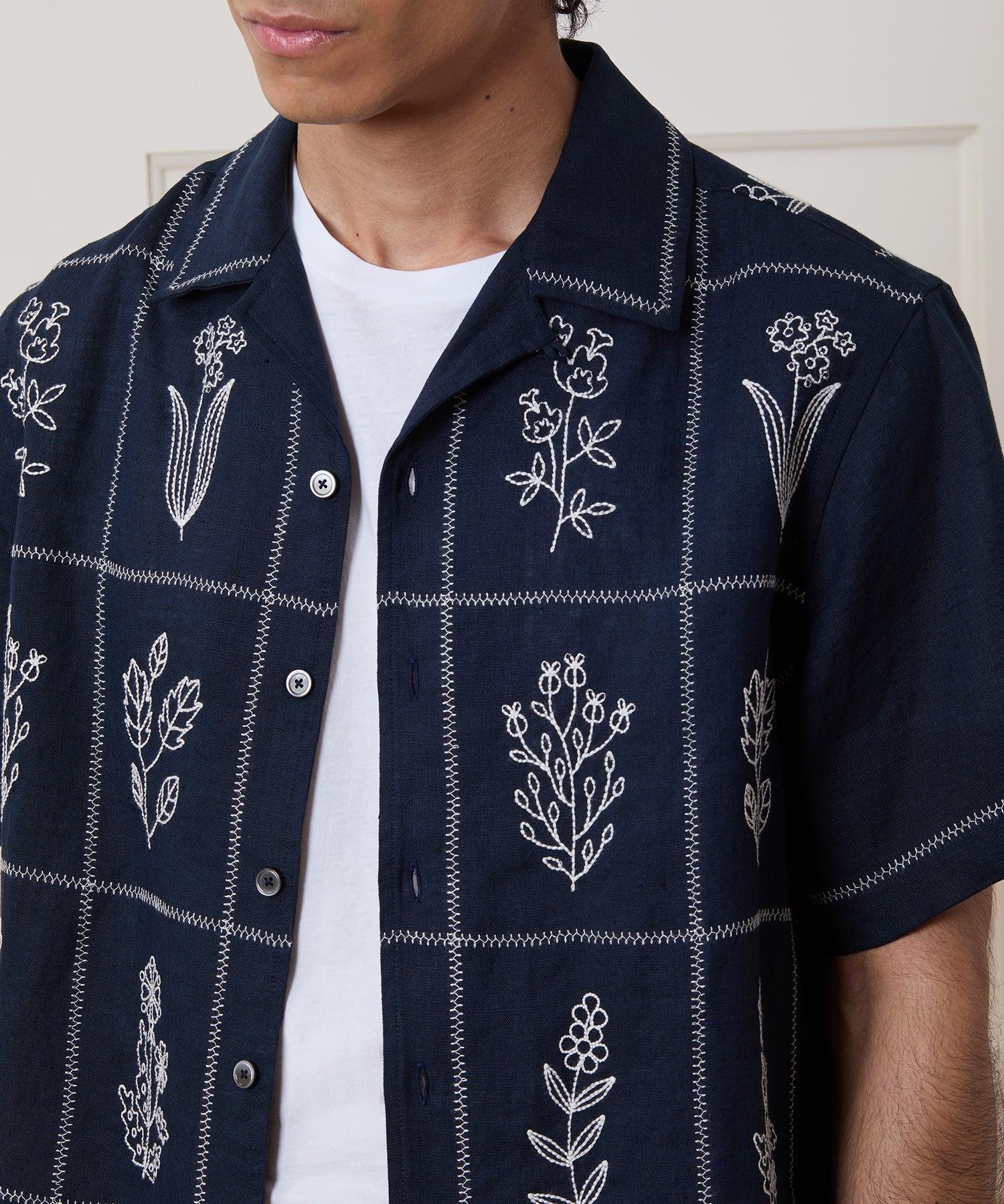 Cropped Embroidered Linen Camp Collar Shirt Product Image