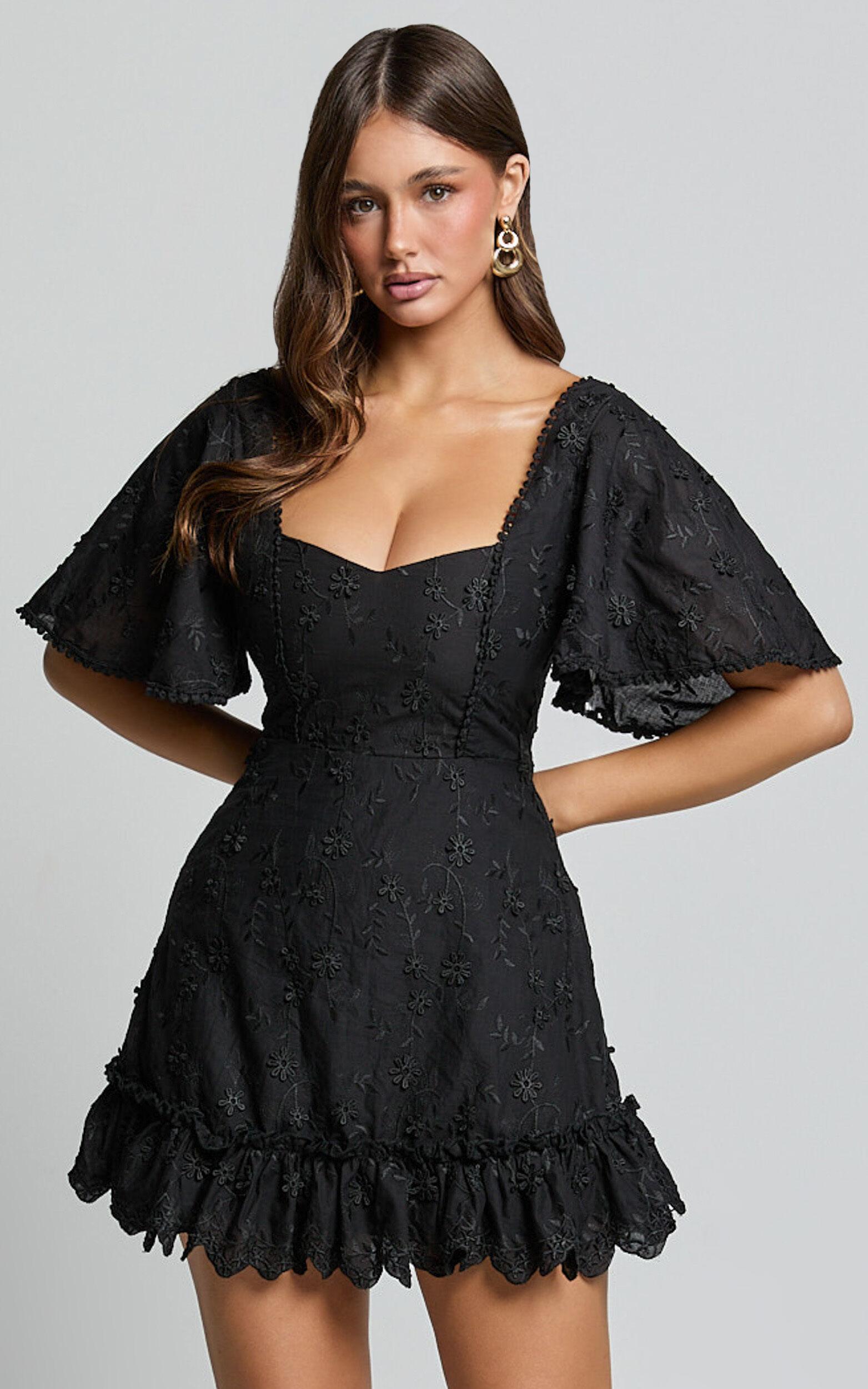 Fancy A Spritz Mini Dress - Square Neck Dress in Black Embroidery Product Image