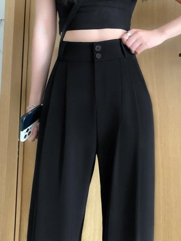 Black Straight Leg Pleated Tailored Pants Product Image