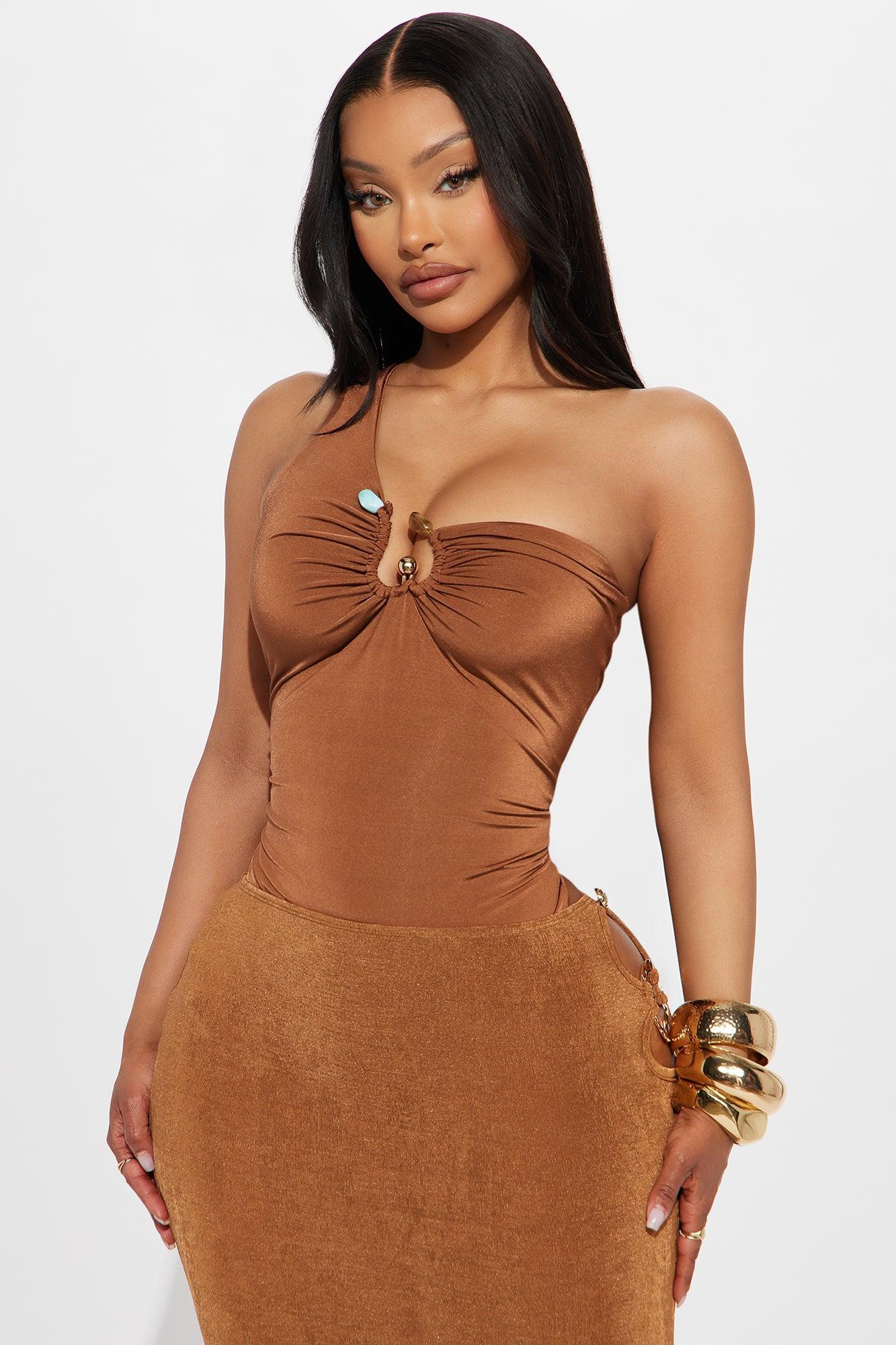 Soft Glow Ruched One Shoulder Bodysuit - Chocolate Female Product Image