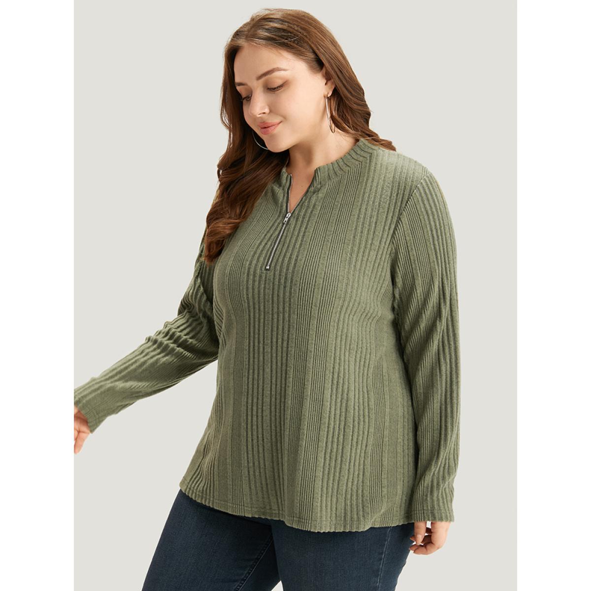 Plus Size Plain Rib Knit Half Zip T-shirt Green Women Casual Texture Plain Open Front Dailywear T-shirts BloomChic 28/5X Product Image