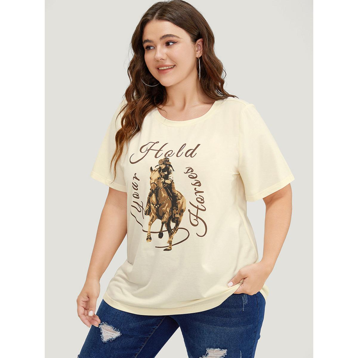 Plus Size Horse & Letter Print Round Neck Graphic Tee Apricot Women Casual Western Dailywear T-shirts BloomChic 18-20/2X Product Image