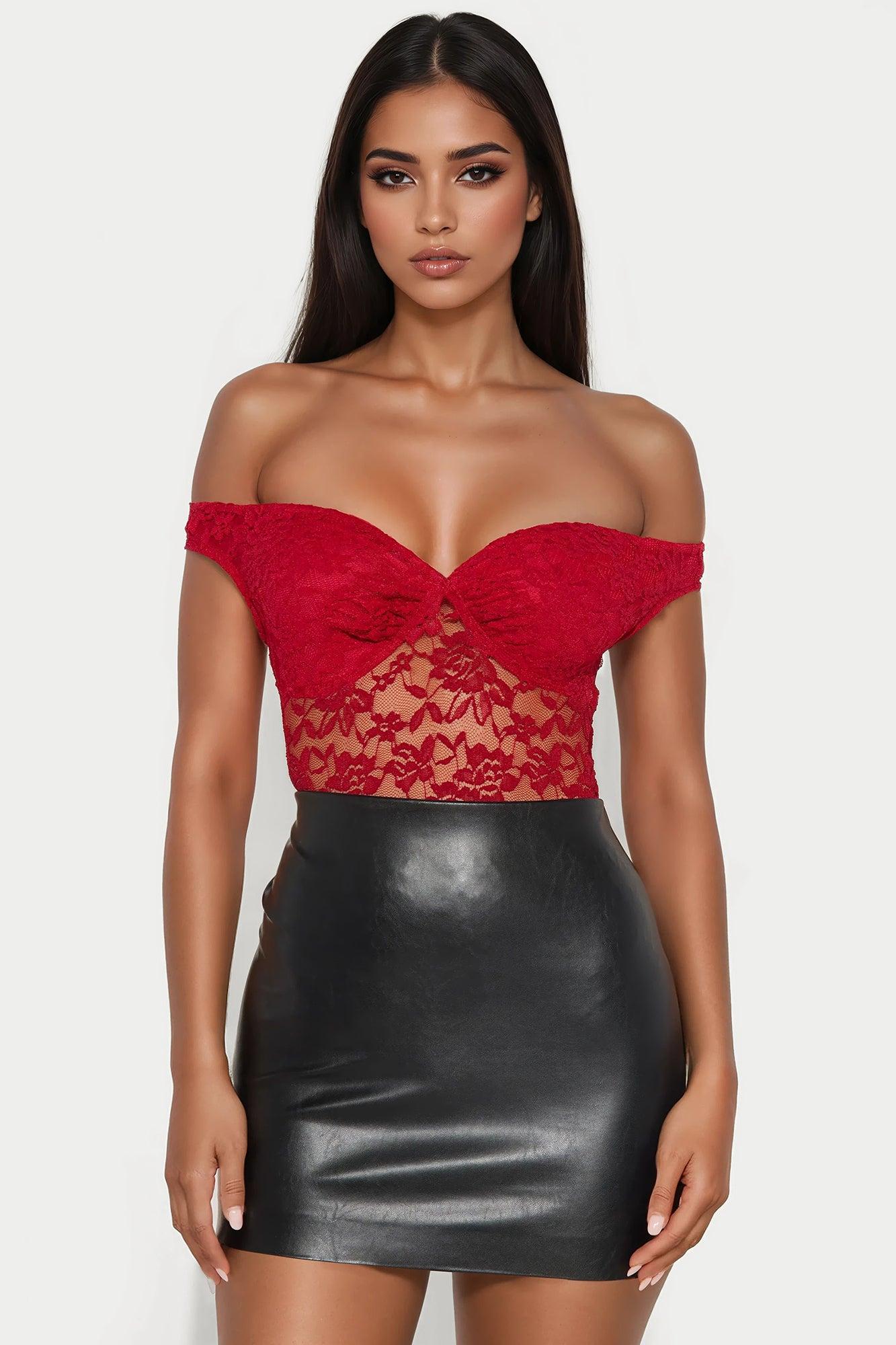Tiria Sheer Lace Bodysuit - Red Female Product Image