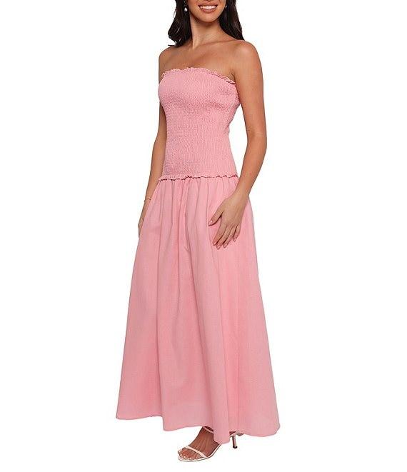 Petal & Pup Bea Linen Blend Strapless Ruffle Trim Drop Waist Maxi Dress Product Image