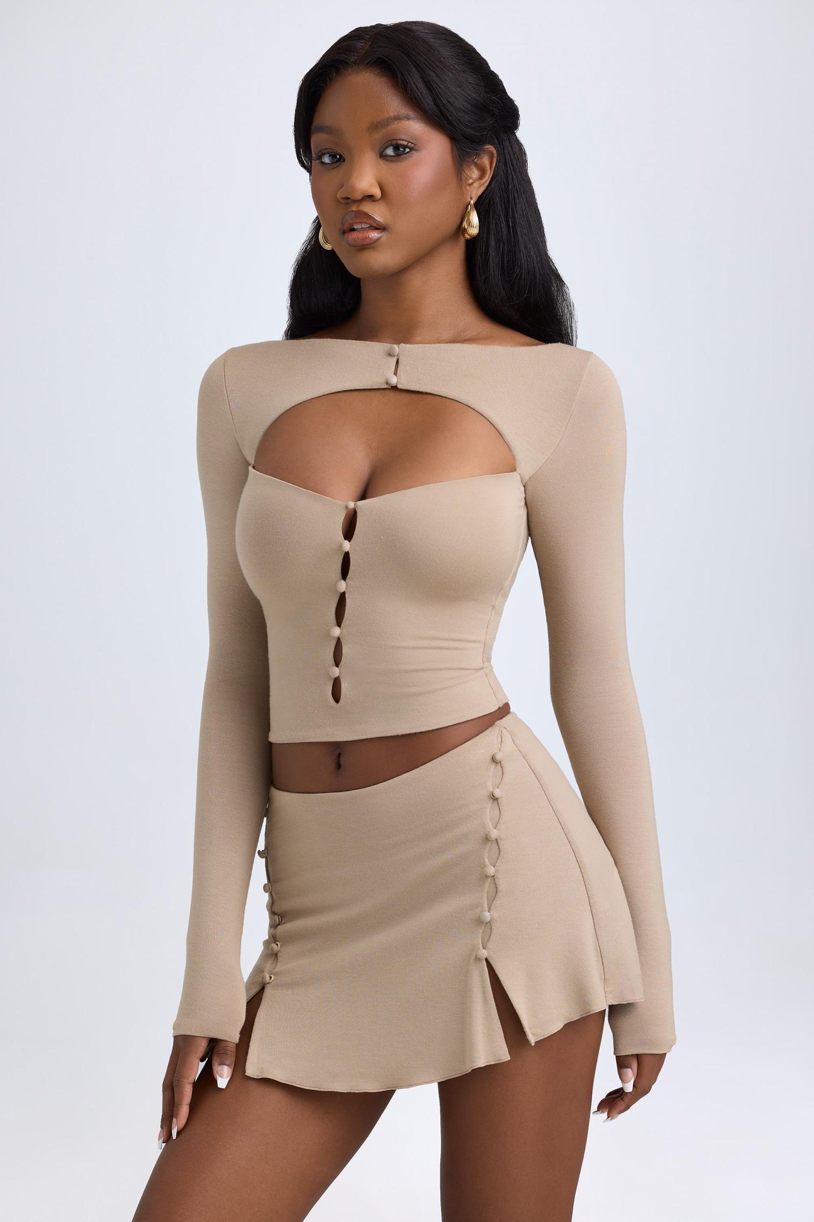 Modal Cut-Out Button-Detail Top in Taupe Female Product Image