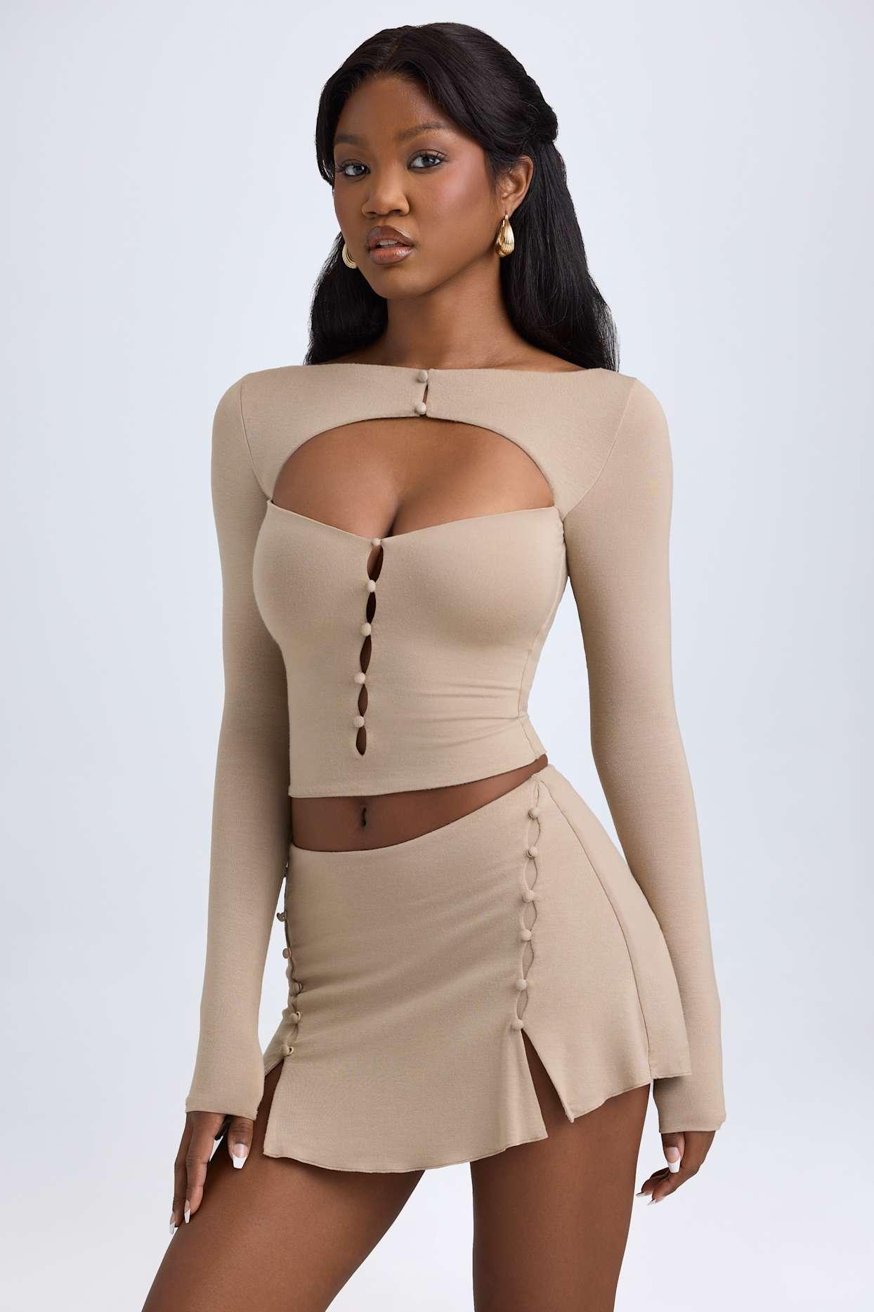 Modal Cut-Out Button-Detail Top in Taupe Female Product Image