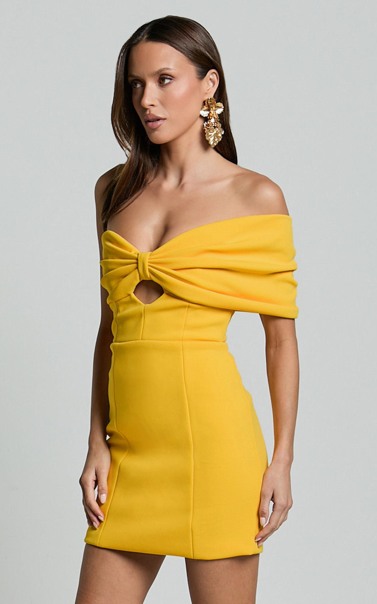 Amalie The Label - Seleste Off Shoulder Bow Detail Mini Dress in Yellow Product Image