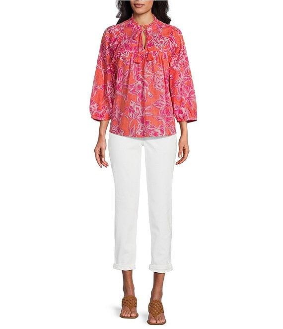 Tommy Bahama Paradiso Petals Cotton Poplin Plainweave Ruffle Neck 3/4 Sleeve Tassel Tie Top Product Image