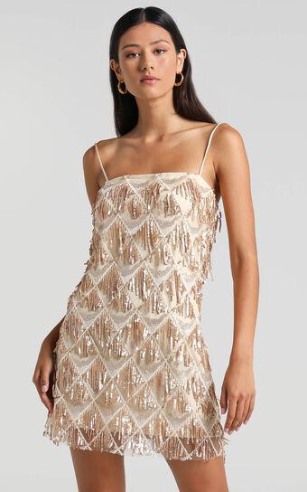 Shook Mini Dress - Cami Sequin Fringe Dress in Champagne Sequin Product Image