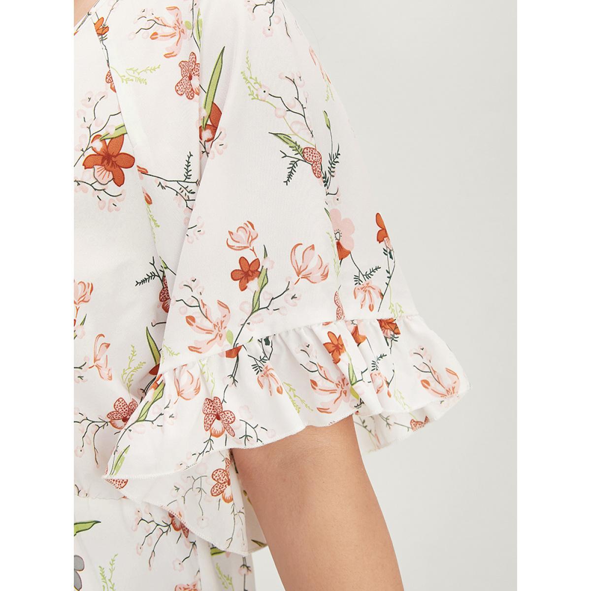 Plus Size White Floral Print Ruffles Flounce Sleeve Surplice Neck Blouse Women Elegant Short sleeve V-neck Dailywear Blouses BloomChic 10/M Product Image