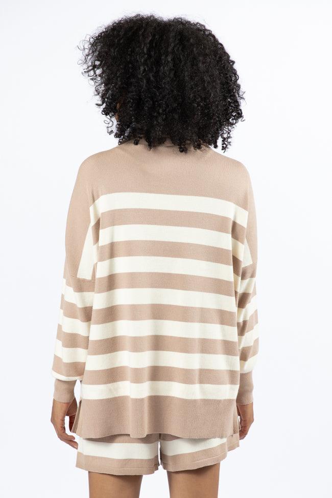 Pulling Heartstrings Taupe And Cream Striped Quarter Zip Pullover FINAL SALE Product Image